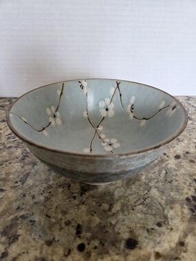 Japanese Kotobuki Bowl Early Spring Blossoms Blue Pottery Rice Noodle Matcha Vtg